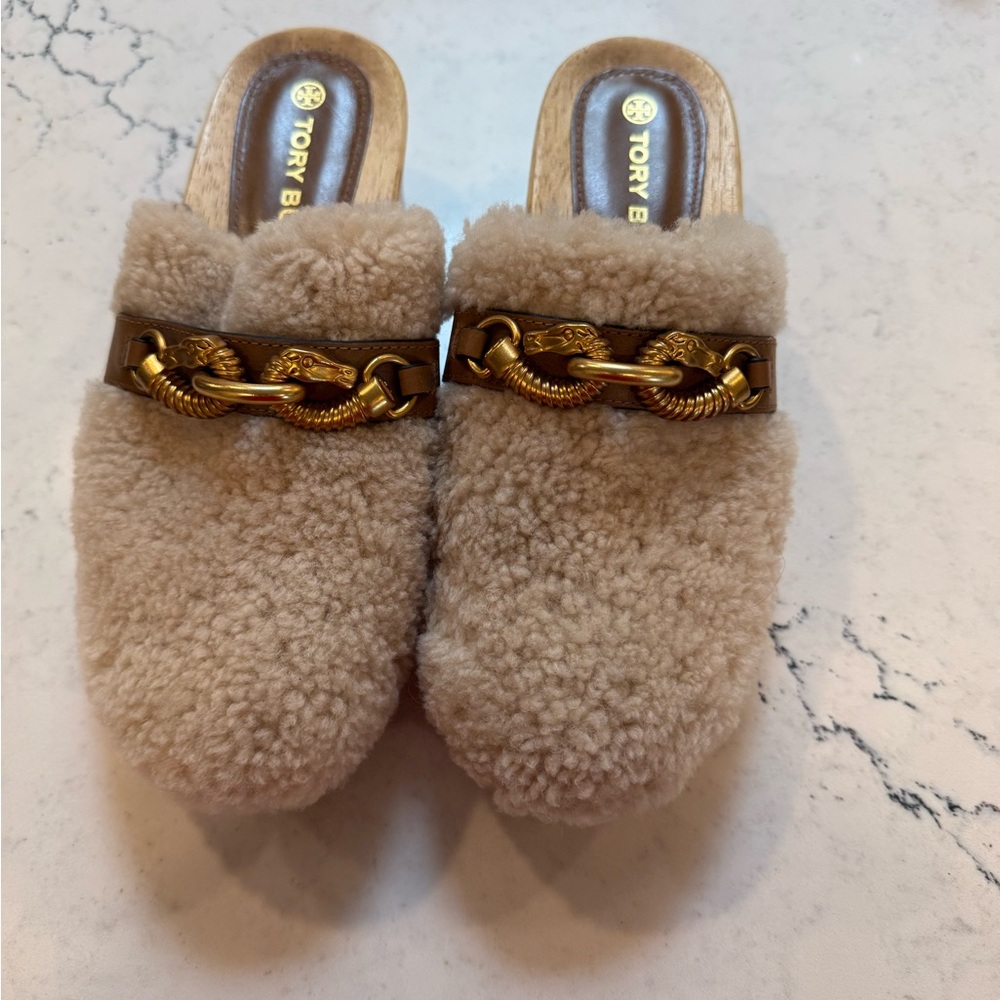 Tory Burch Tan Shearling Mules with Gold Chain